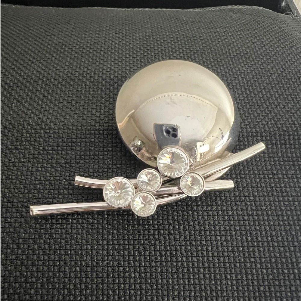 Vintage Silver Tone Rhinestone Geometric Orb Brooch Pin 3in Midcentury Modern